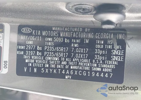 2012 Kia Sorento Lx from USA, damaged, VIN 5XYKT4A6XCG194447